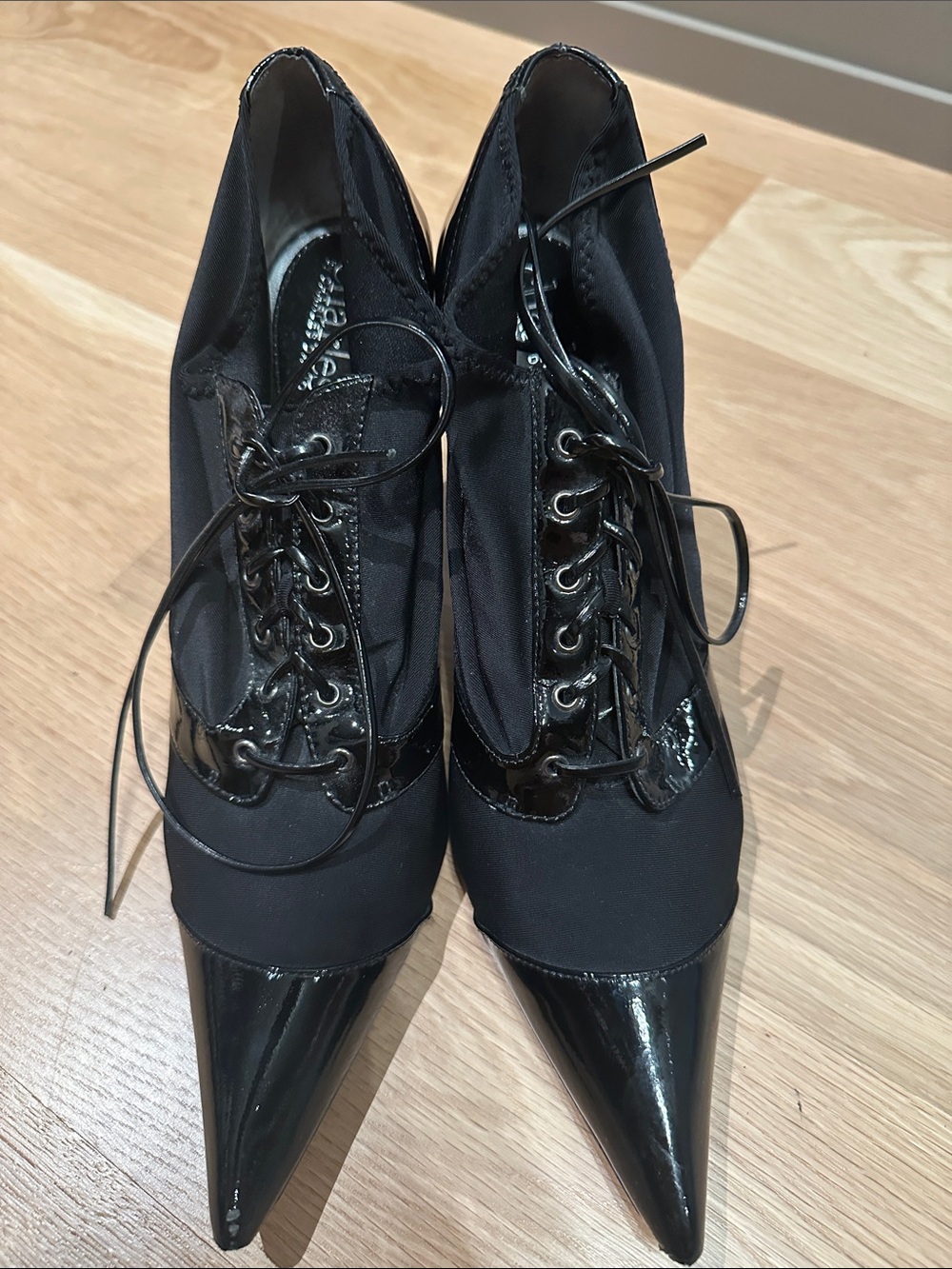 Charles David Black Pointed Toe Lace-Up Heels with Patent Trim